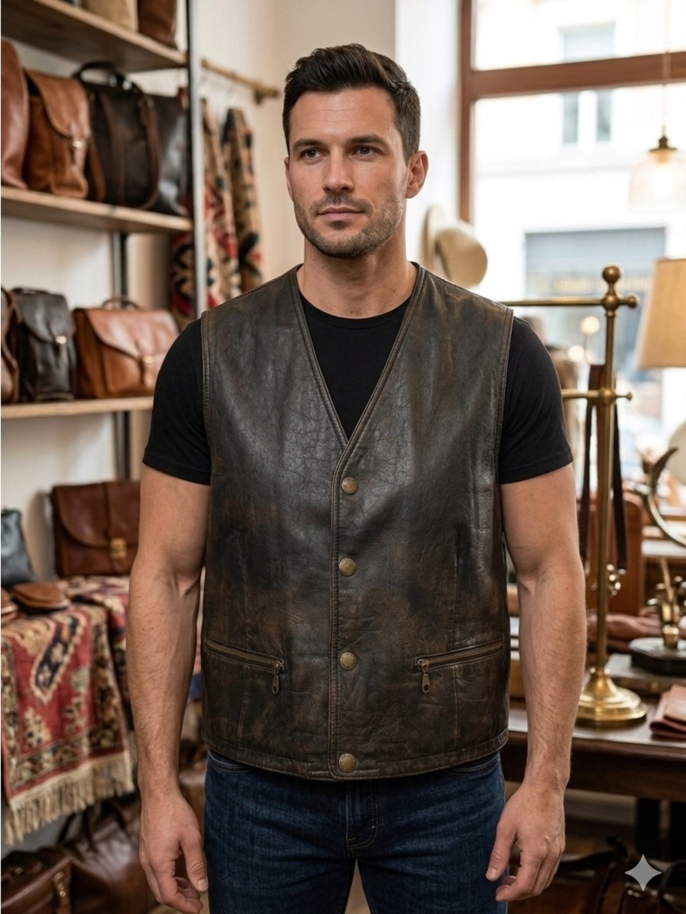 Structure Men’s Vintage Black Leather Snap Vest